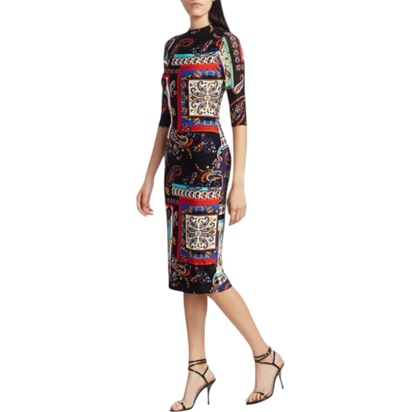 Alice + Olivia Delora Paisley Bodycon Dress Size 6 Colorful Midi Stretch Classic - Picture 5 of 16